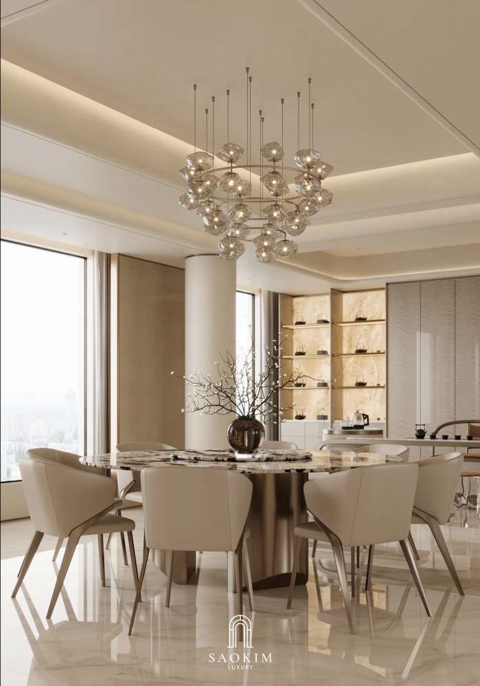 Không gian nội thất phòng bếp trong thiết kế chung cư cao cấp phong cách Contemporary Luxury dự án Vinhomes Symphony
